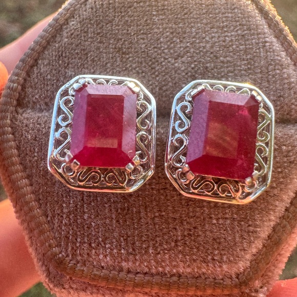 Estate Ruby and Sterling Silver Earrings - Picture 12 of 15